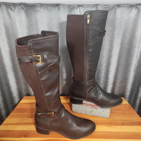 Franco Sarto Brown Knee High Riding Boots Chrome Zip Up Size 8.5M Neoprene Calf - Picture 2 of 16